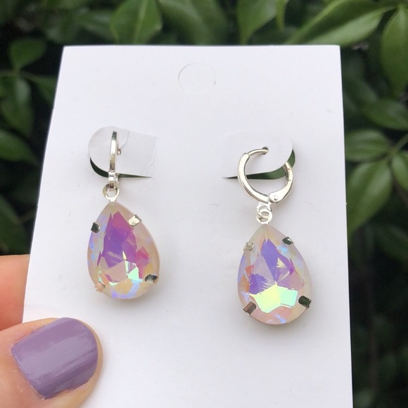 Iridescent AB White Pear Crystal Drop Earrings - Picture 6 of 6